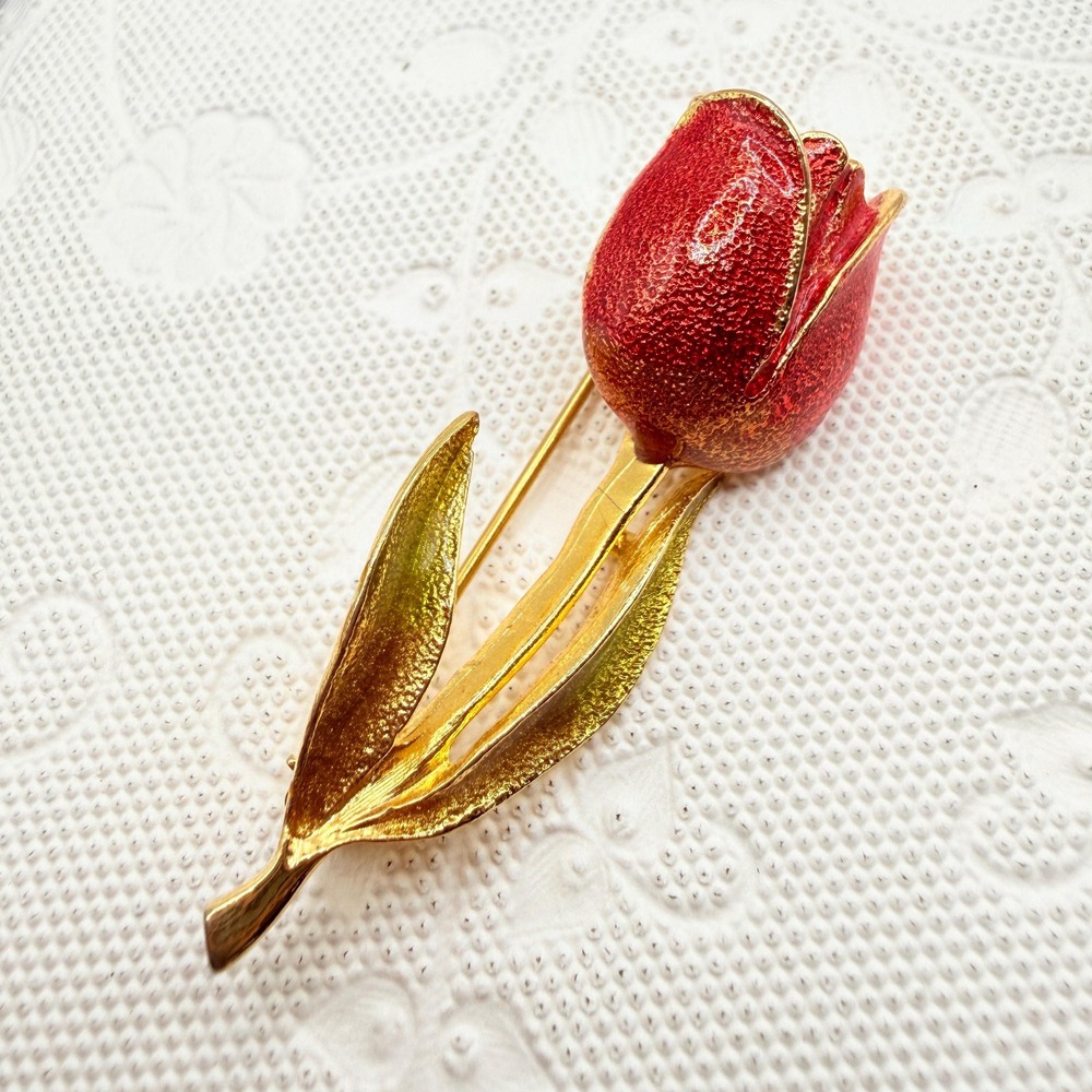 Vintage Red and Green Sparkly Enamel Floral Tulip Brooch Pin